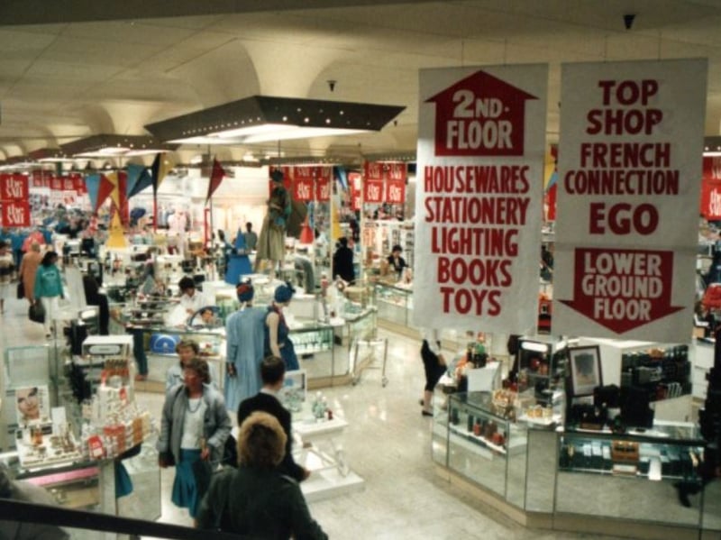 Shoppers on the first floor of Debenhams department store on The Moor, Sheffield city centre, sometime during the 80s or 90s. The shop closed in May 2021.