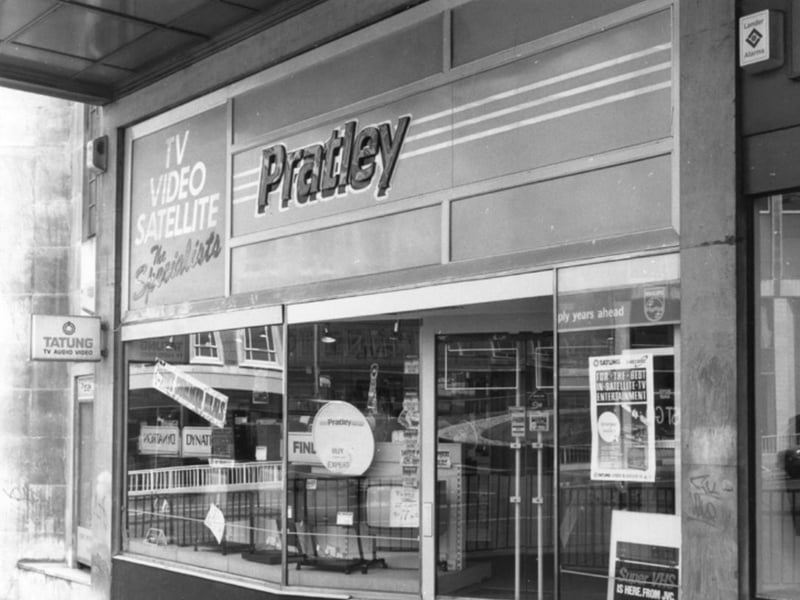 Pratley (formerly Bunker and Pratley) TV video and satellite specialists, Castle Square, Sheffield city centre, in June 1989