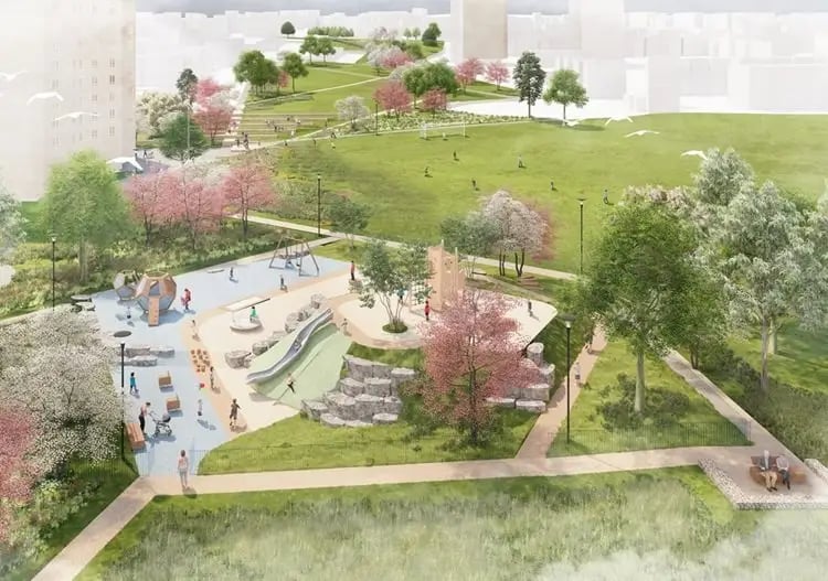 Planning approval has been given for this scheme to landscape and improve this 10 acre public park in Moredunvale. It will include new and improved paths, an amphitheatre, an ooutdoor gym, tree and wildflower meadow planting, a redesigned playground and community events infrastructure.