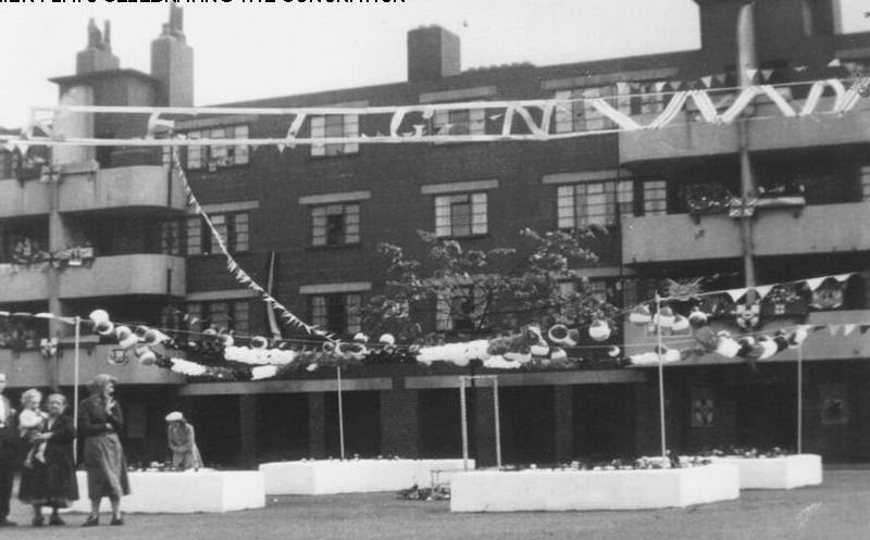 The flats at Cavalier House, between East Street and Bow Street, decorated for the coronation of Queen Elizabeth II on June 2, 1953.