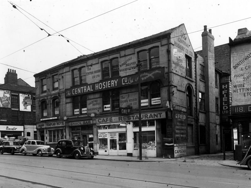 Shops next to Mark Court pictured in February 1953. On the right is Douthwaite and Co, in the middle is the Central Hosiery Co Ltd with cafe and snack bar underneath. At the left on the corner of Templar Street is the Templar Hotel advertising Melbourne Ales.