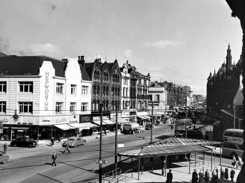 New Market Street and onwards to Vicar Lane from the roof of the Corn Exchange. Pictured in August 1956.
