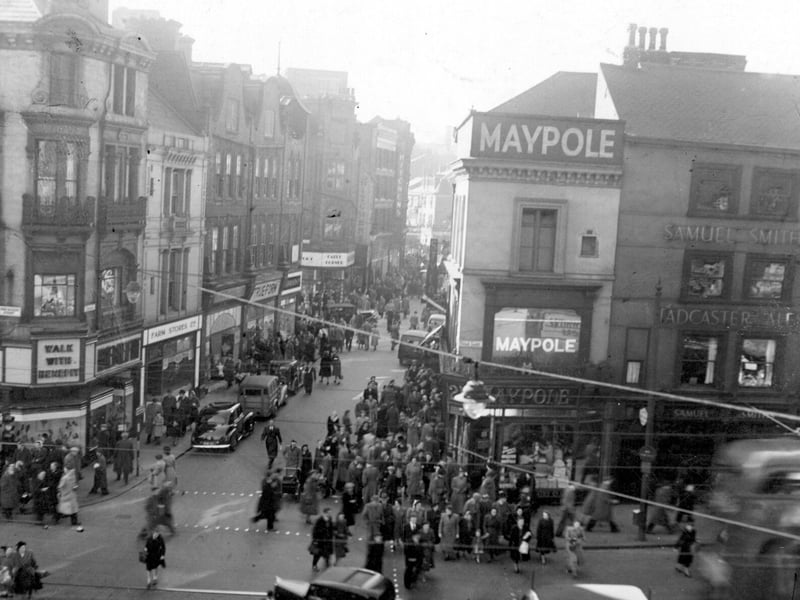 A view looking west along Kirkgate from Vicar Lane and New Market Street in April 1951.