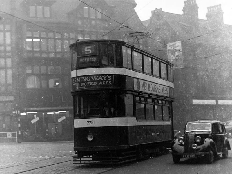 Tram no. 225 on route no. 5 to Beeston, on the last day of tram services from the city centre to Beeston in November 1955.