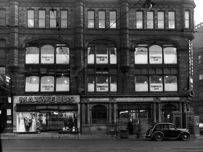 National Provincial Bank, Commercial Restaurant, Maxwells clothes shop, tram lines and tram wires are in focus from December 1952.