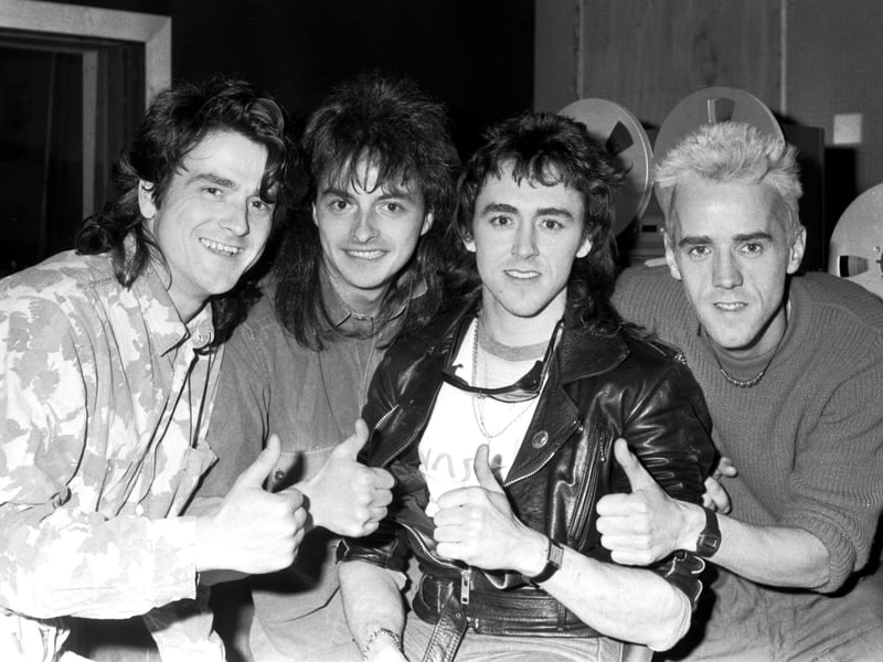 The Bay City Rollers with their new line-up in April 1986. Pictured are Les McKeown, Ian Mitchell, Pat McGlynn and Ian 'Woody' Wood.