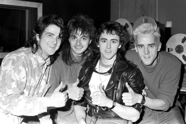 The Bay City Rollers with their new line-up in April 1986. Pictured are Les McKeown, Ian Mitchell, Pat McGlynn and Ian 'Woody' Wood.
