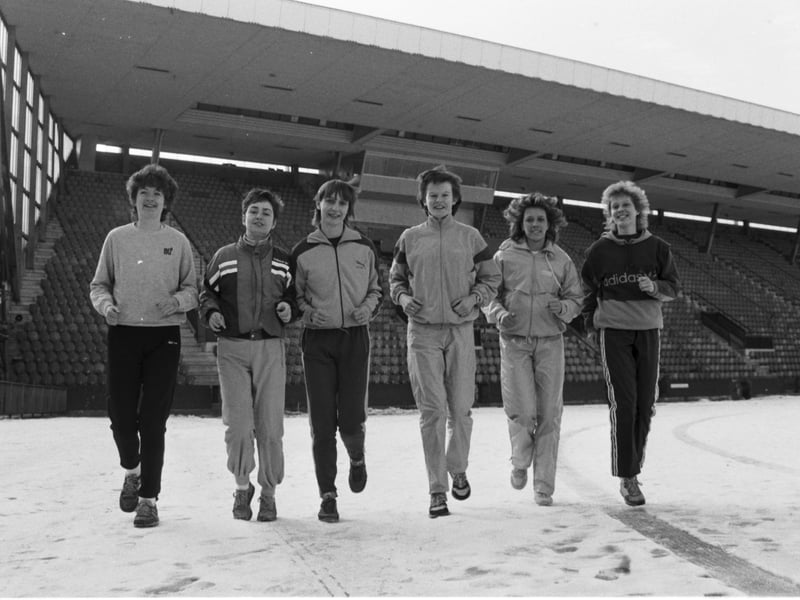 The Commonwealth Games 1986 Scottish women's athletics squad at Meadowbank Stadium, Edinburgh, in March 1986. Pictured from left to right are: Marsella Robertson, Lynne MacDougall, Anne Purvis, Yvonne Murray, Sandra Whittaker and Linsey Macdonald.