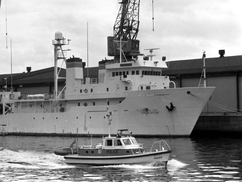 The USNS Vindicator, an American Navy ocean surveillance vessel ('spy ship'), berthed at King George V dock, Glasgow, in June 1986