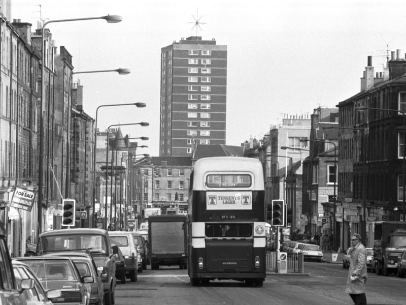  Traffic on Leith Walk, Edinburgh, looking towards the multi-storey flats, in March 1986