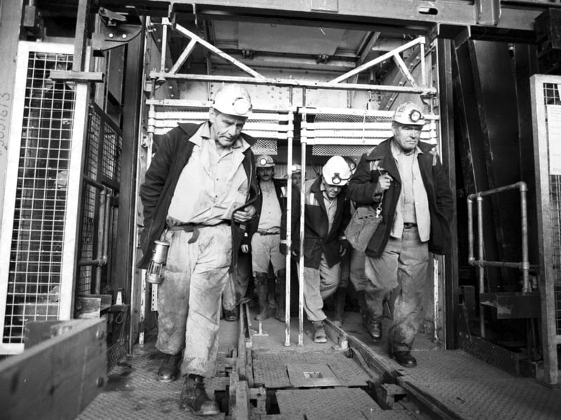 Coal miners leave the cage at the Castlebridge shaft of the Longannet complex, Fife, in October 1986