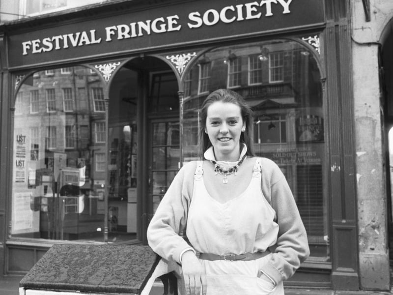 Mhairi Mackenzie-Robinson, the first female administrator of the Edinburgh Festival Fringe, outside the Fringe Society office in January 1986