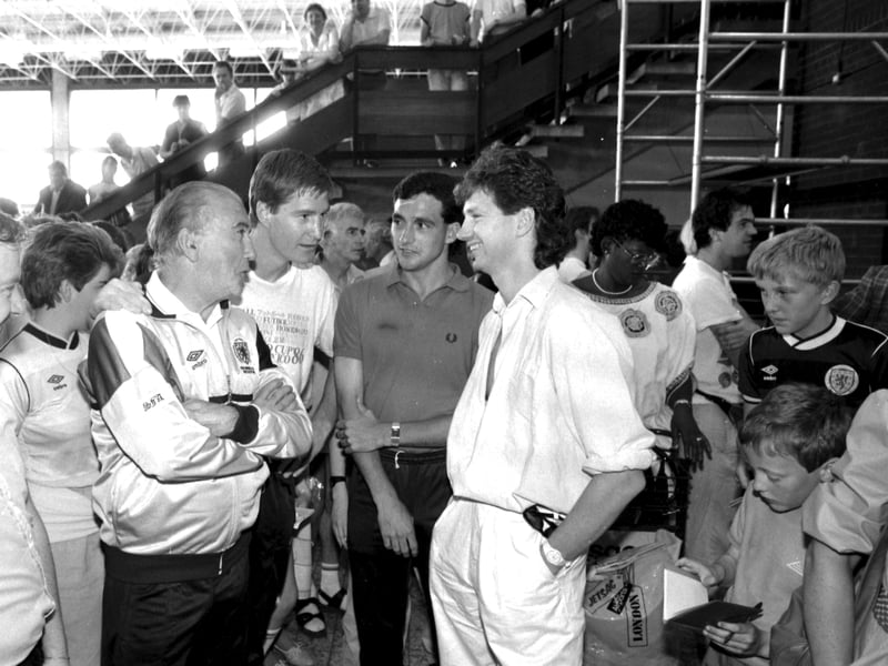 The Scotland football team return from Mexico after being knocked out of the 1986 World Cup. Pictured at Glasgow Airport that June are Jim Steel, Richard Gough, Willie McStay and his brother Paul McStay.