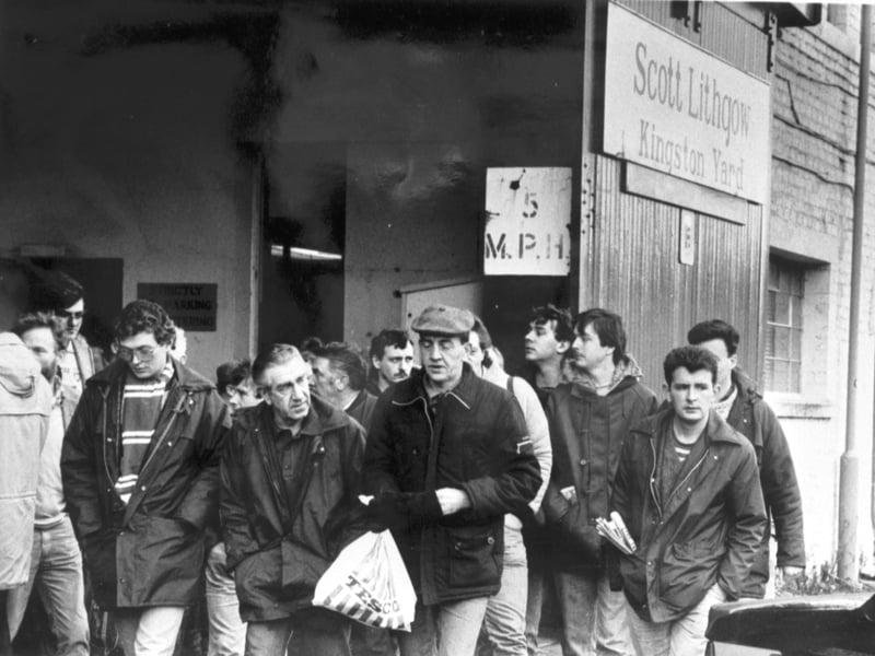 Workers leave Scott Lithgow's Kingston Yard at Port Glasgow after a mass meeting about 1500 redundancies in November 1986