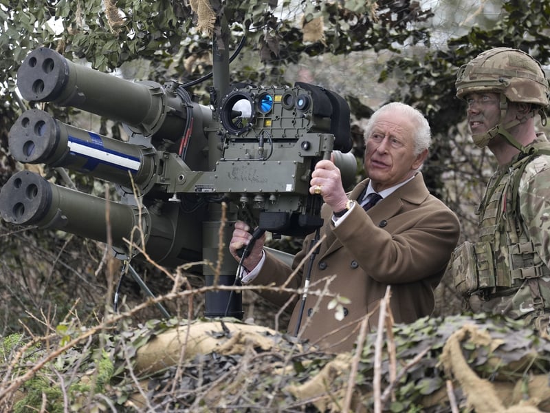 King Charles III looks at a lightweight multiple launcher during a visit to the Royal Regiment of Artillery at Baker Barracks, Thorney Island