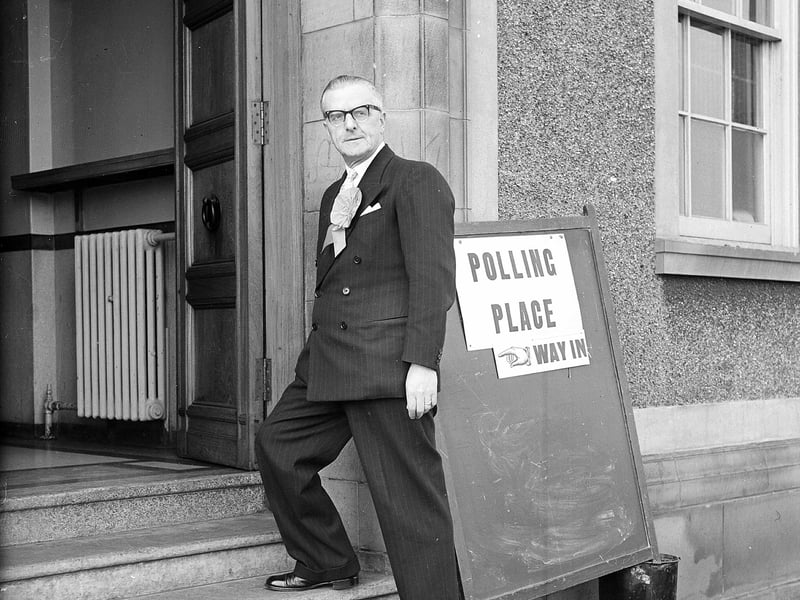 Alex Sutherland, the Labour candidate for Craigentinny, visits the polling station during the the municipal election in May 1960.