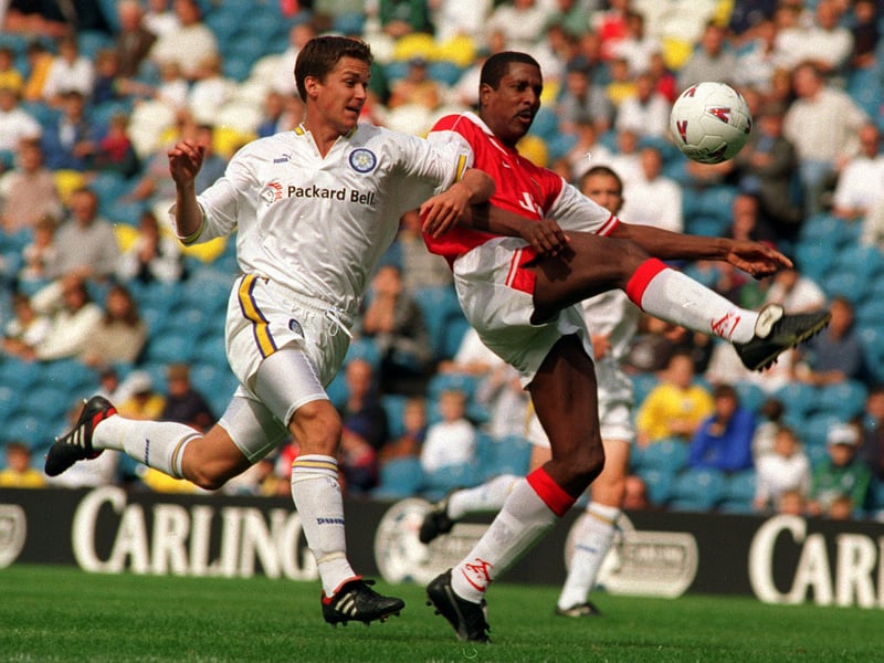 Andy Couzens battles with veteran Viv Anderson playing for Arsenal during John Lukic's testimonial match at Elland Road.