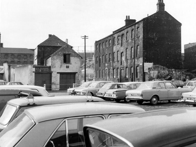 Warehouses near Salem Church pictured in February 1969. Premises of Kirk, Hall and Co, flagmakers, No 4 Kidacre Street. Also shows premises of Brown and Rose, Motor Engineers.