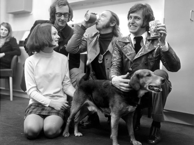 The Scaffold, singing group, visiting BBC Radio Leeds to judge a singing dogs competition in February 1969. From Liverpool they are poet Roger McGough, humourist John Gorman and musician Mike McGear (Paul McCartney's brother).
