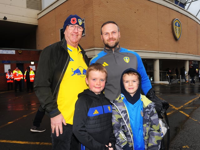 Leeds United v Manchester City Elland Road Premier League sat 28-02-2026 pic Steve RidingDave and Chris Stephenson with Oscar Keys , eight and Jasper Stephenson, seven  of Harrogate