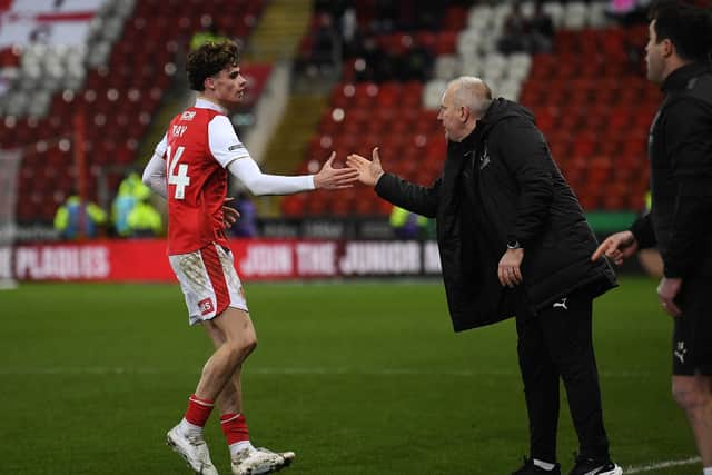 League One.Rotherham United v Northampton Town.Millers Matt Hamshaw congratulates Harry Gray on his goal.27th January 2026..Picture Jonathan Gawthorpe