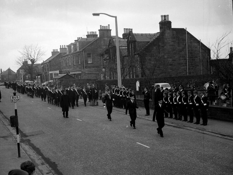The West District of Edinburgh Battalion Boys Brigade march at Currie in March 1963.