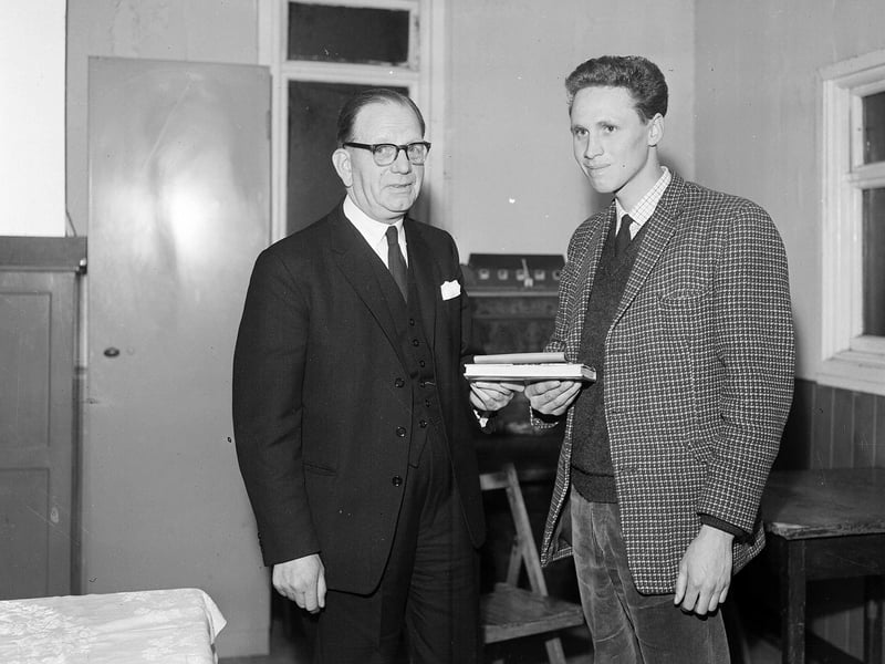 Climber Duncan Hason receives a presentation from Mr D Peutherer at Currie Youth Club in Febraury 1963.