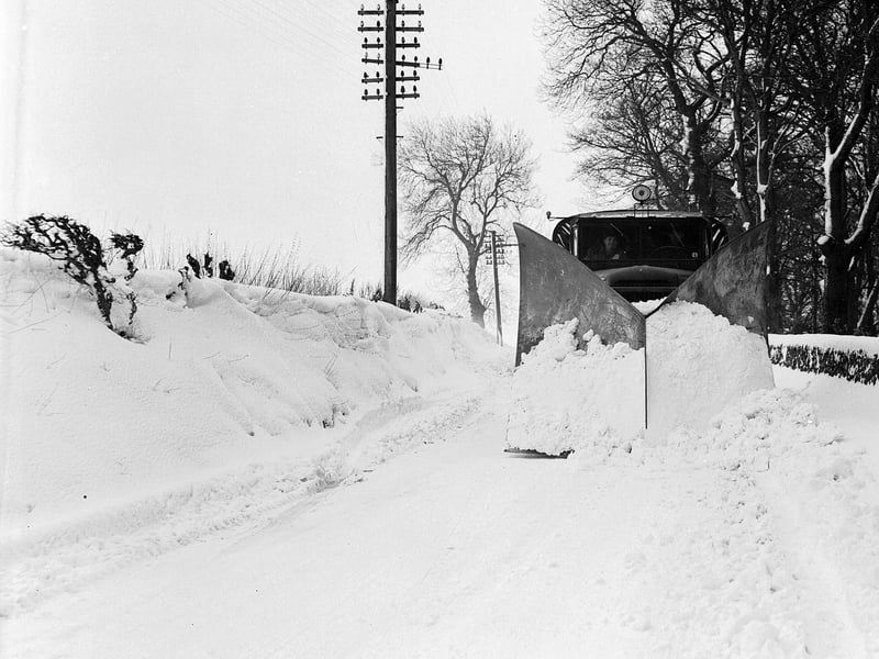 Snow plough in operation at Currie in February 1956.