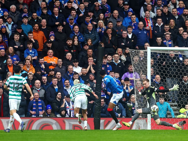 Rangers fans prepare to celebrate as Youssef Chermiti scores his second goal past Viljami Sinisalo.