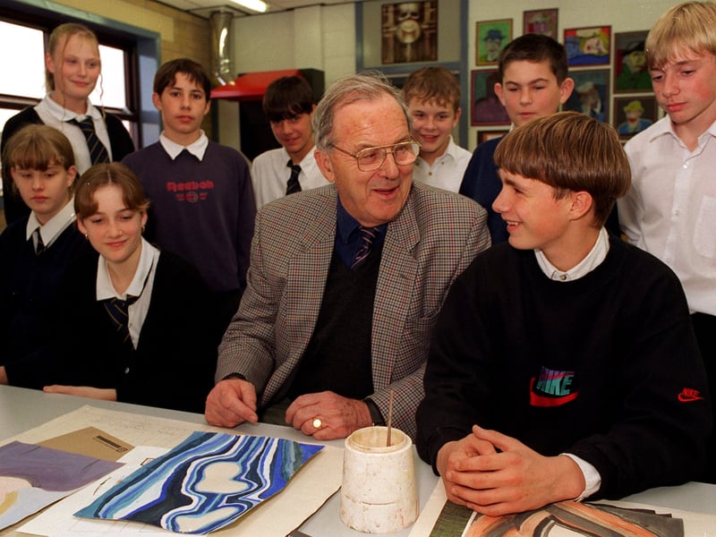 Lord Merlyn Rees meets pupils in the art department when he visited Merlyn Rees High School to open a new Arts, Technology and Science block in October 1996.