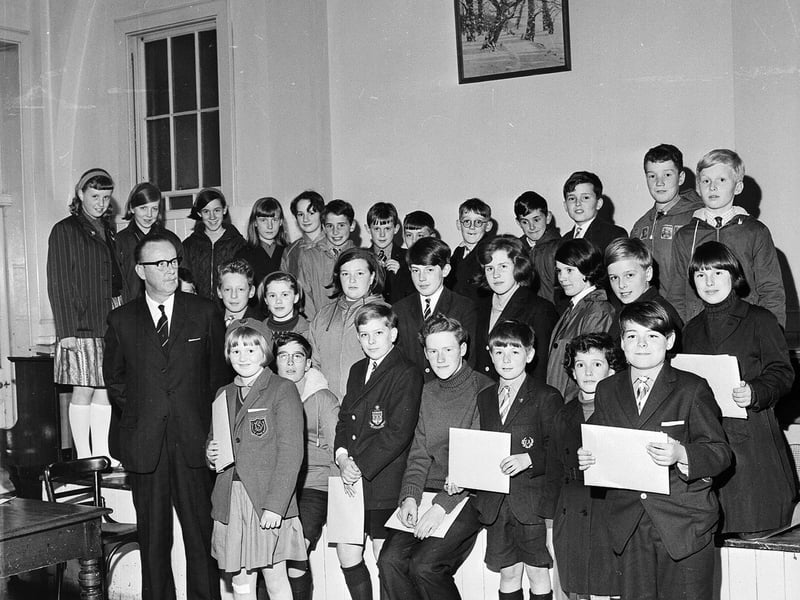 Cycling Proficiency Certificates being presented at Colinton School by Councillor Maurice F Ferry in May 1965.