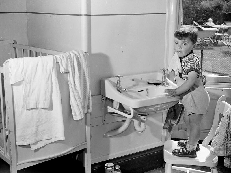 Peter cleans up at the Edinburgh Home for Babies and School of Mothercraft on Colinton Road in June 1957.
