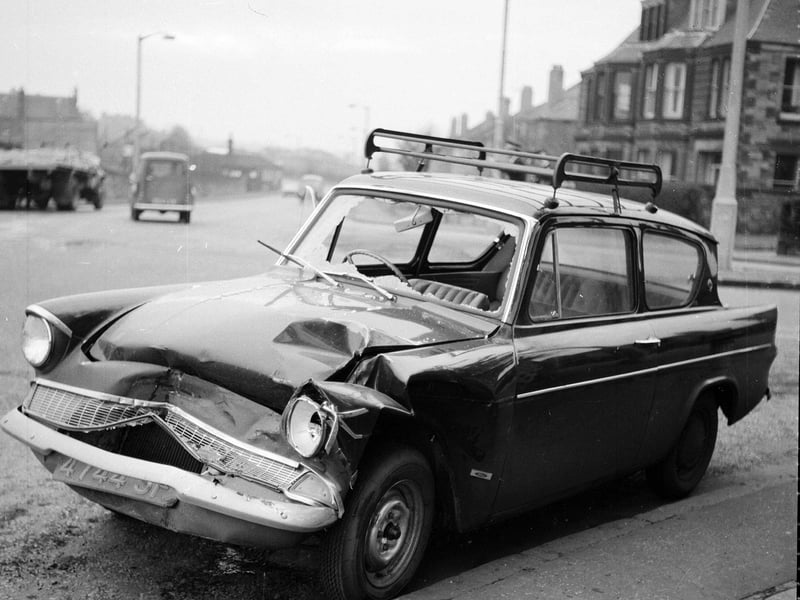 Ford Anglia damaged in a car crash in Colinton Road in 1962.