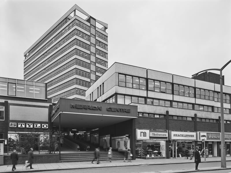 Businesses including Stylo, Mothercare, Shackletons, and the Vintage Steak Bar, on either side of the steps leading into the Merrion Centre shopping complex in Leeds in April 1971