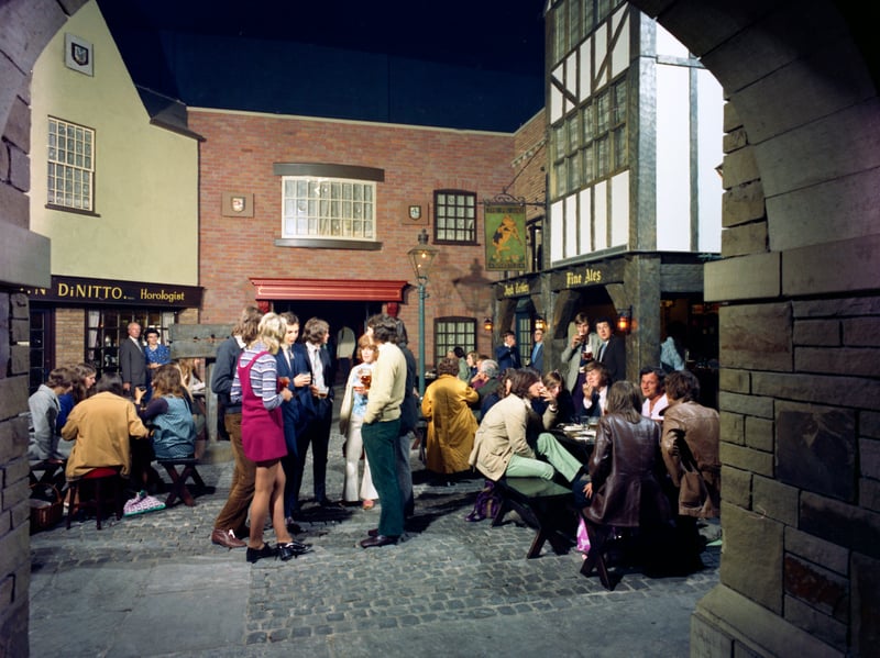 A busy evening at Sheffield's Stonehouse themed pub in 1971. It's fondly remembered for its cobbled courtyard surrounded by fake ye olde worlde shop fronts.
