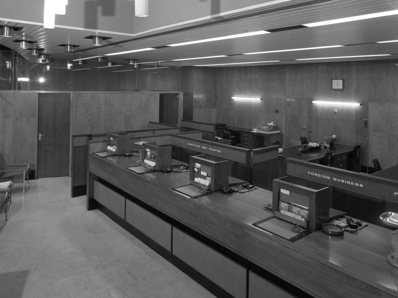 Inside a Yorkshire Bank branch in Mexborough, South Yorkshire, in 1970, showing how different banks used to look before modern technology and security measures