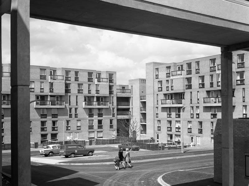 Oak Hill housing development, Rotherham, South Yorkshire, pictured during the 1970s. Built in 1971, the development quickly became plagued by crime and was demolished in the late 1990s to make way for new low-rise housing.