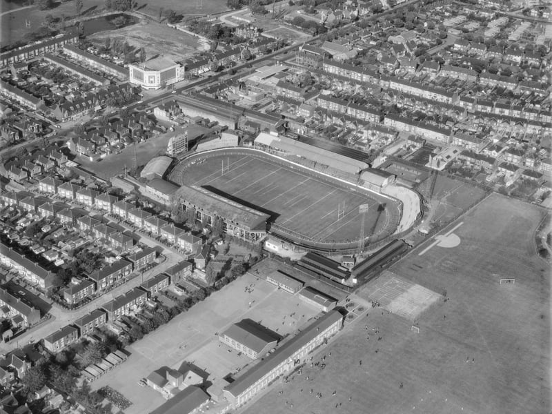 A bird's eye view of Old Craven Park, Hull, in 1970. The former home of Hull Kingston Rovers Rugby League club, in use between 1922 and 1989, has since been redeveloped and is now occupied by a supermarket.