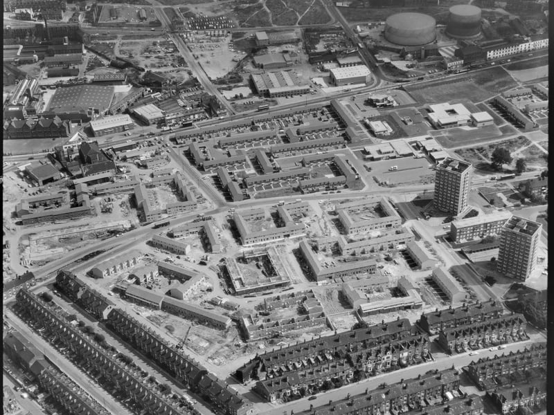 An aerial view of new homes being built around Carlton Place, Leeds, in 1974