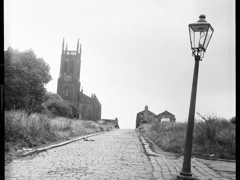 St Mary's Church, St Mary's Street, Quarry Hill, Leeds, in the late 60s or early 70s. The church, built in 1823, was demolished in around 1980. The terraces that formerly lined the street had been demolished by the 1950s.