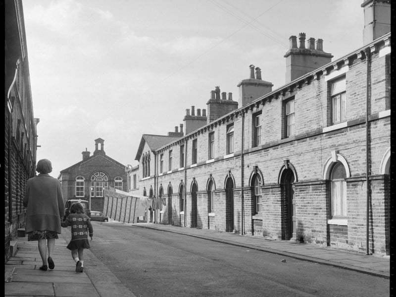 Shirley Street, Saltaire, Shipley, Bradford, in the late 60s or 70s, with Saltaire Primary School on Albert Road visible in the background