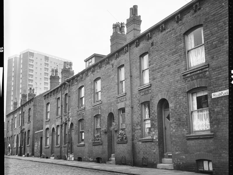 Weller Place, Burmantofts, Leeds, pictured during the late 60s or early 70s, with Scargill Grange tower block in the background