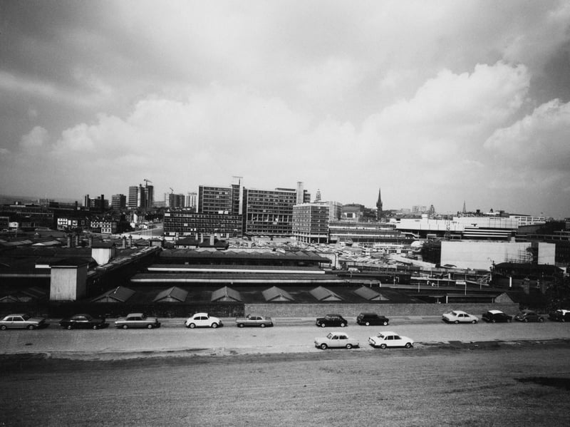 Sheffield city centre, as seen from Park Hill, in June 1971, with the railway station in the middle distance