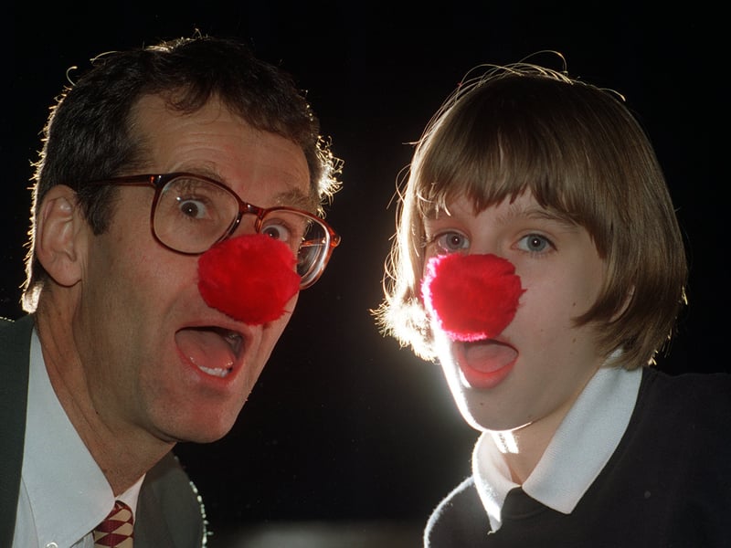 February 1997 and head teacher Jon Hosegood was getting the school ready for Comic Relief. It was hoping to raise around £2,000 with Jon becoming Mr Nosegood. Also pictured is  pupil Amy Drysdale.