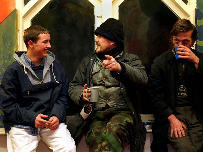 Homeless men enjoy a  coffee and a chat together at St George's Crypt in January 1997.