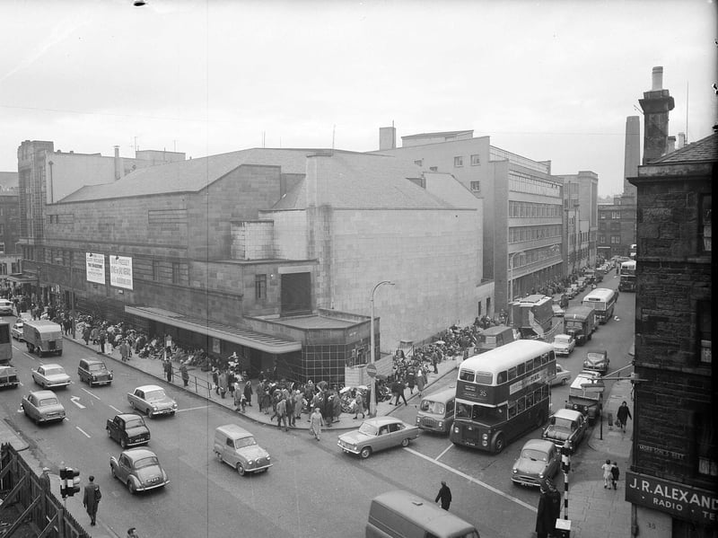 Beatles fans queue for tickets along Morrison Street and Semple Street, outside the ABC cinema, in 1964