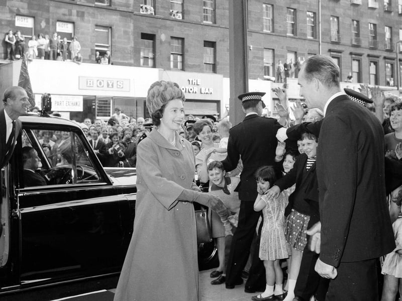 The Queen arrives at the ABC Cinema in 1964 to see the film of the opening of the Forth Road Bridge