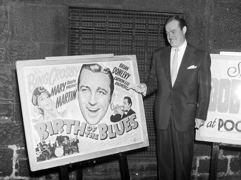 Bob Hope shows what he thinks of a poster from a Bing Crosby film at Pooles cinema, Edinburgh, in 1952. He was in town for his first-ever appearance in Edinburgh at the Usher Hall.