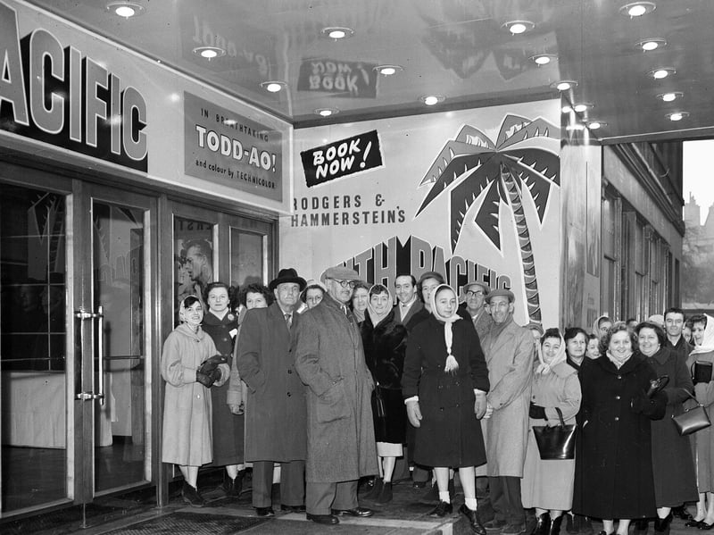 United Wire Works employees queue outside the New Victoria cinema for a special showing of the film South Pacific in January 1959