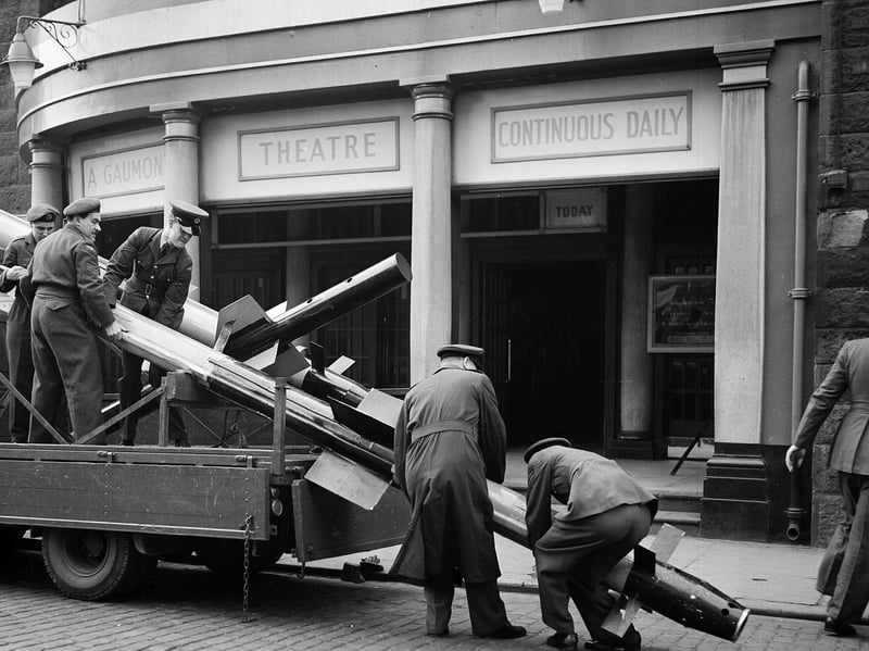 RAF Rockets arrive at the Capitol Cinema in 1958 for the Rockets Galore film